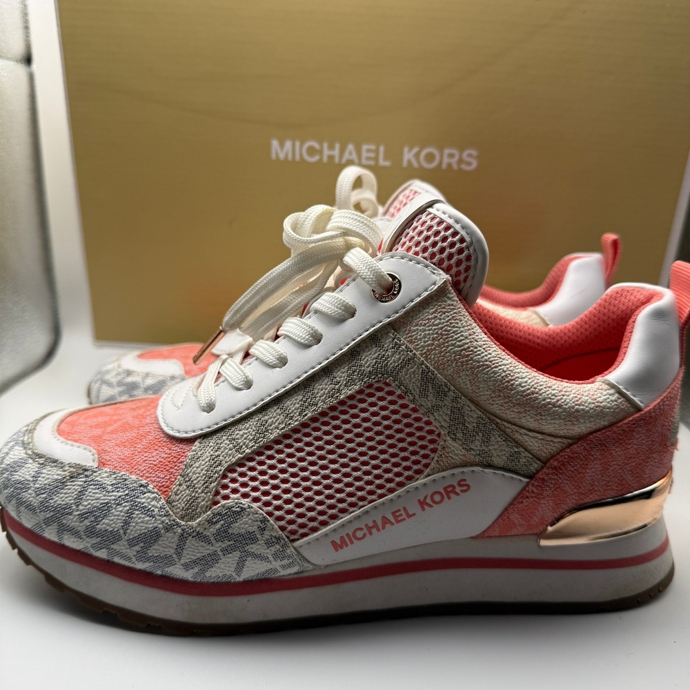 Michael Kors Womens Low Top Sneakers Coral White Logo Mesh Trainers Rose Gold - Picture 3 of 11
